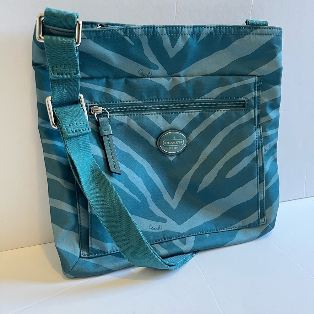 Coach Teal Nylon Zebra Print File Bag